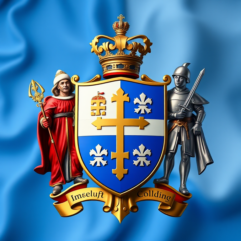 Render a high-resolution image of a coat of arms featuring a saint with a staff on one side and a soldier with a sword on the other, set against a vibrant blue and white background, using a DSLR camera with a 50mm lens, aperture set to f/1.8, ISO 100, and a shallow depth of field for enhanced detail.