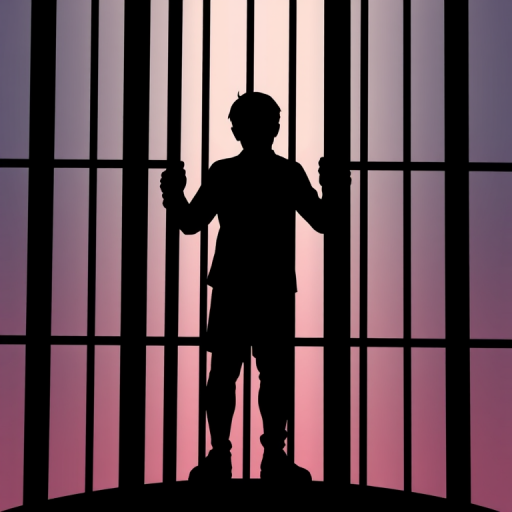 Create an illustration of a silhouetted figure behind prison bars, using a soft gradient background to enhance depth, camera type: digital art, camera style: vector illustration, camera view: close-up, settings: high resolution, 300 DPI.