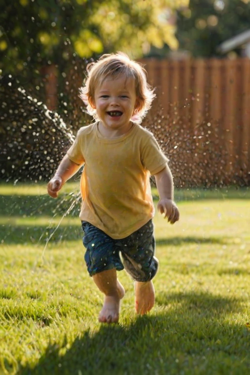 Blurry, candid shot of a child running through a sprinkler in a sunlit backyard, water droplets catching the golden afternoon light, with the soft outline of a wooden fence and trees in the background.