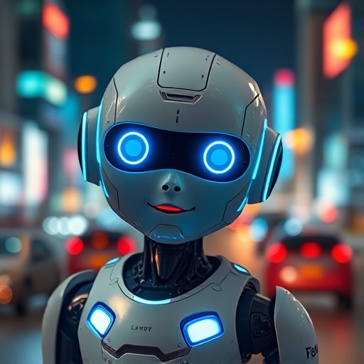 Create a futuristic robot character with glowing blue accents and friendly features, set against a vibrant cityscape at night, using a Canon EOS R5 with a 50mm lens, f/1.8 aperture, ISO 100, and a depth of field effect to create a bokeh background.
