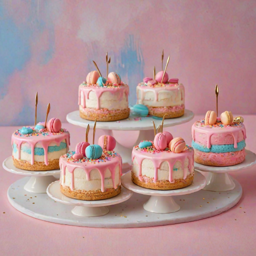 Create an image of five small round cakes with a smooth white frosting and a vibrant pink drip effect. Each cake should be topped with macarons, whipped cream dollops, and decorative sprinkles. The background should be a bright blue to enhance the colors of the cakes. Include gold forks placed around the cakes for an elegant touch.
