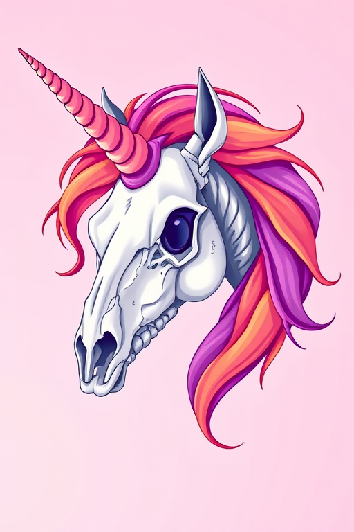 Create a vibrant illustration of a unicorn skull with colorful flowing mane shades of pink, orange, and purple, using a DSLR camera with a 50mm lens, f/1.8 aperture, ISO 100, shot from a slightly lower angle against a pastel gradient background.