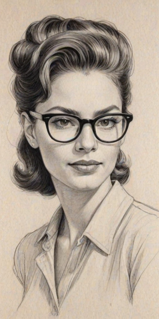 Radiant Monique Gabriela Curnen, pencil sketch, portrait of Splendid woman 1944s in glasses, hair style beatnik, outline, clear lines, fine lines, 8k