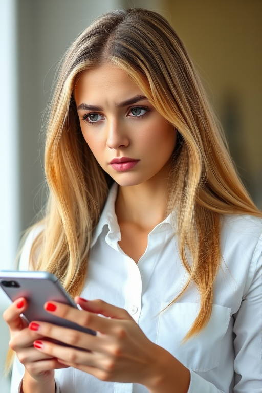 A young woman with long blonde hair, wearing a white button-up shirt, looking concerned while holding a smartphone, captured in natural light with a 50mm lens, aperture f/1.8, ISO 200, shutter speed 1/100, portrait orientation, soft focus background.