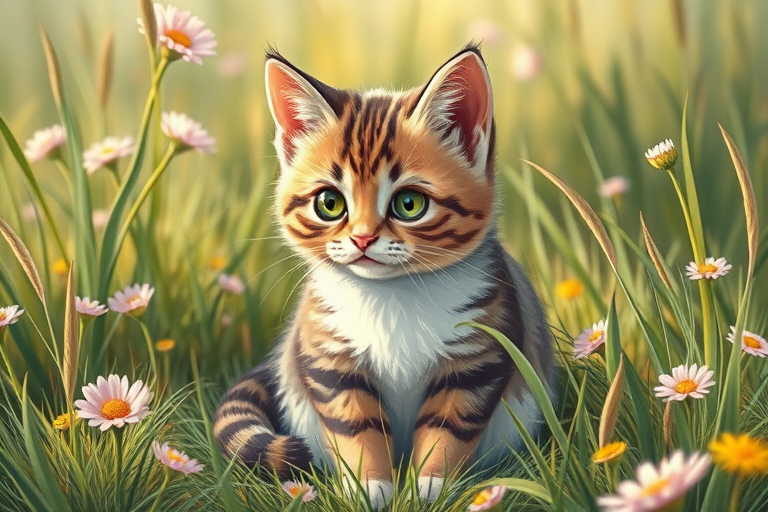 Create a detailed, high-resolution illustration of a cute cat sitting in a natural setting with grass and flowers, using a DSLR camera with a 50mm lens, aperture f/4, ISO 200, and soft natural light to enhance the textures and details.