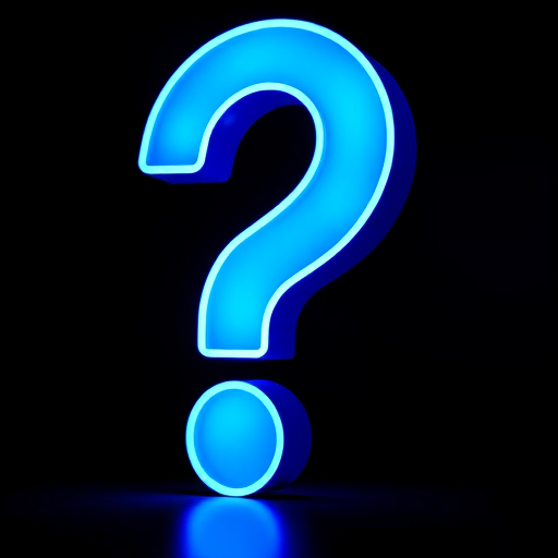 large blue question mark design with a glowing light source behind it, high resolution, shot with a DSLR camera, aperture f/2.8, ISO 100, 50mm lens, focus on the question mark with a shallow depth of field, black background for contrast
