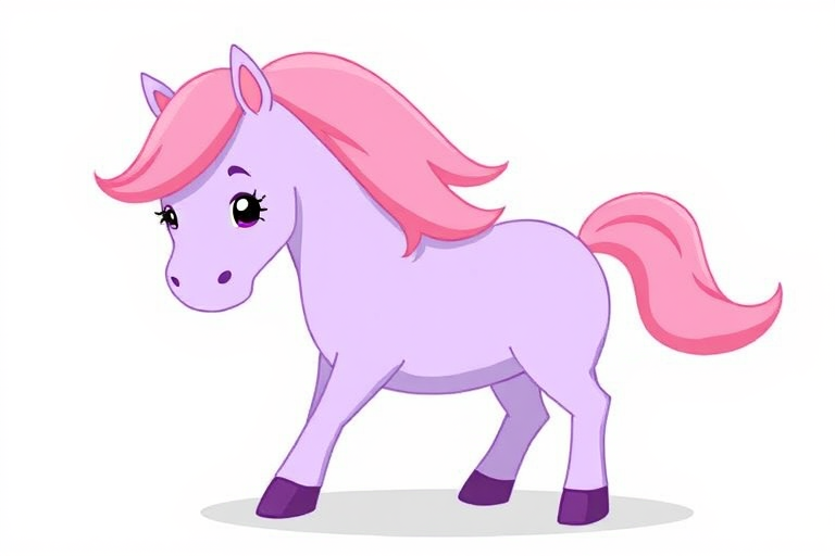 create a stylized illustration of a cartoon horse with a light purple body and pink mane, set against a white background, shot with a digital camera in high resolution, using a 50mm lens at f/4 for depth of field, with a soft focus style for a playful effect.