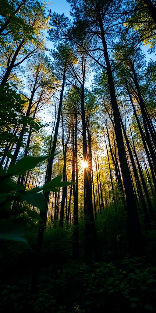 Create an image of a serene forest landscape during golden hour, capturing the sunlight filtering through the trees, with vibrant green foliage and a clear blue sky, taken with a Canon EOS R5 at f/8, ISO 200, 1/125s, wide-angle lens, 24mm, shot from a low angle to enhance depth and perspective.