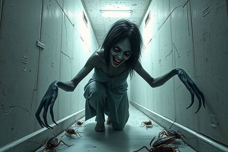 a crooked female with long arms and a creepy smile is crawling along a long white corridor and you can also see cockroaches in it there is a creepy atmosphere creepy art style