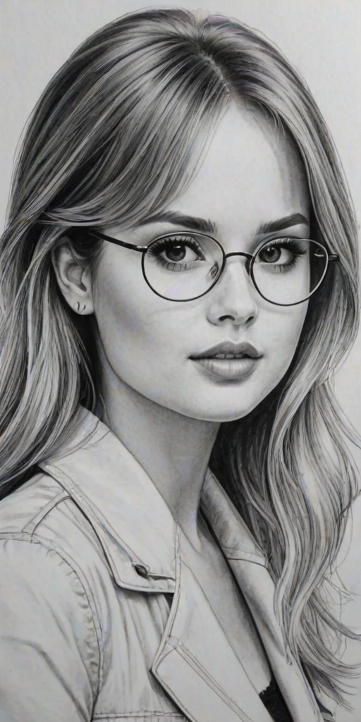 Beauteous Debby Ryan, pencil sketch, portrait of Gorgeous woman 1980s in glasses, hair style beatnik, outline, clear lines, fine lines, 8k