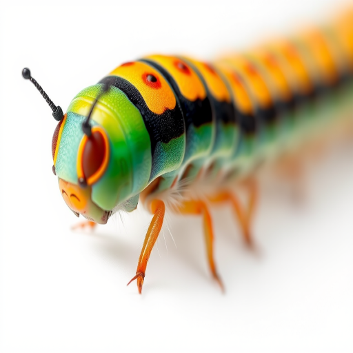 Create a detailed illustration of a colorful caterpillar on a white background with high contrast, using a macro lens setting, f/2.8 aperture for a shallow depth of field, natural lighting, and a close-up view to enhance textures, resembling a digital art style.