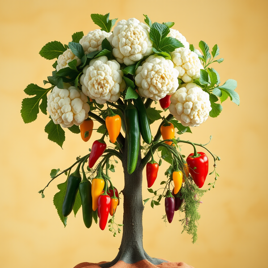 Create an image of a tree made entirely of vegetables, featuring cauliflower as flowers, cucumbers as branches, and a variety of colorful peppers and herbs hanging like fruit, set against a soft golden background, captured with a Canon EOS R5, 50mm lens, f/1.8 aperture, ISO 200, in natural light for enhanced detail and vibrancy.
