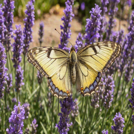 A delicate butterfly with white and yellow wings perched on vibrant lavender flowers in a sunny garden setting.
