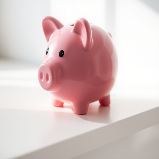 A pink piggy bank sitting on a white surface, captured with a Canon EOS R5, 50mm lens, f/2.8 aperture, ISO 100, 1/125s shutter speed, in soft natural lighting, viewed at a slight angle to highlight its features and texture.