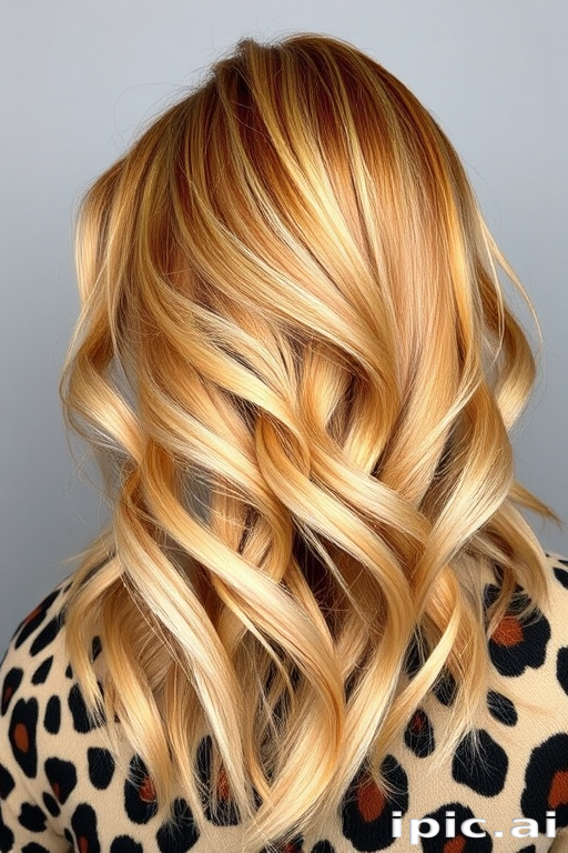 Bold leopard print hair featuring a blend of golden blonde and rich brown hues, designed by Savannah Spots, exhibiting a daring pattern with strategically placed dark spots on a light base