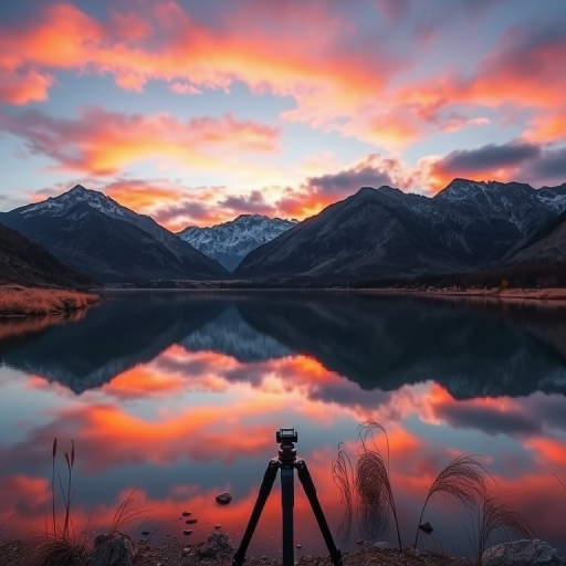 Create a high-resolution image of a serene landscape featuring a calm lake reflecting mountains at sunset with vibrant colors in the sky, using a DSLR camera with a 50mm lens, f/1.8 aperture, ISO 100, and a tripod for stability.