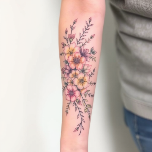 Delicate floral sleeve tattoo named "Blooming Reverie" featuring a cascade of botanically accurate flowers and leaves. Soft, muted colors in pastel shades create a dreamy, romantic atmosphere. Fine lines and subtle shading bring the delicate petals and foliage to life, wrapping gracefully around the arm in a continuous garden of beauty.