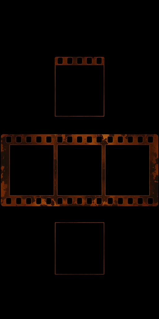 Create a vintage film strip with five blank frames on a black background, captured with a Canon EOS 5D Mark IV, 50mm lens, f/8 aperture, ISO 100, in a portrait orientation with natural lighting for enhanced detail and clarity.