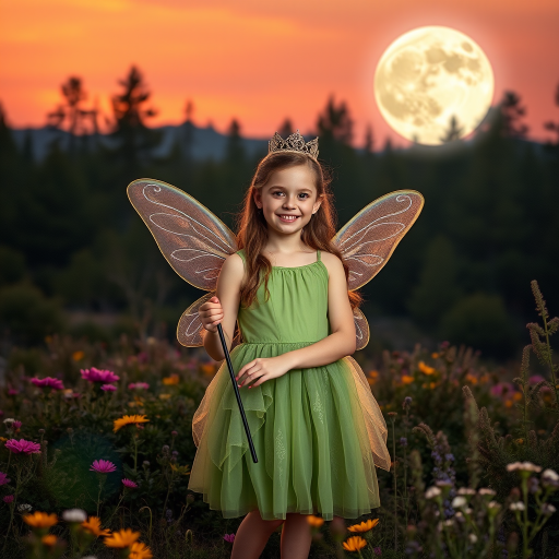 A vivid photo  taken under a bright camera flash of a fantastical scene set against a backdrop of a forest during sunset. The main subject is a girl dressed as a fairy, adorned with translucent wings and a green dress, holding a wand, her face is happy, and she wears a crown on her head. The forest behind her is a blend of flowers, shrubs and trees. The sky is painted in hues of orange and pink, with a large, glowing moon casting a warm glow over the scene. The overall color palette is dominated by earthy tones.