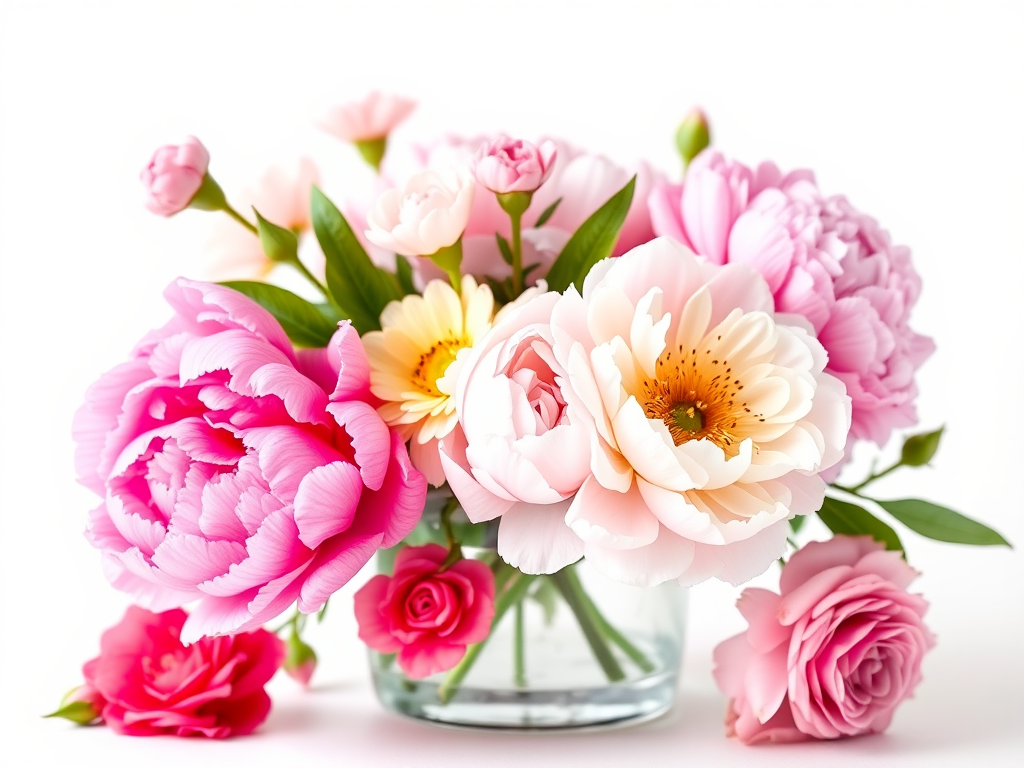 generate a vibrant watercolor painting of peonies and carnations in a clear glass vase on a soft white background, using a DSLR camera with a 50mm lens, aperture set to f/1.8 for a shallow depth of field, natural lighting for soft highlights, and a vibrant color profile to enhance the floral details