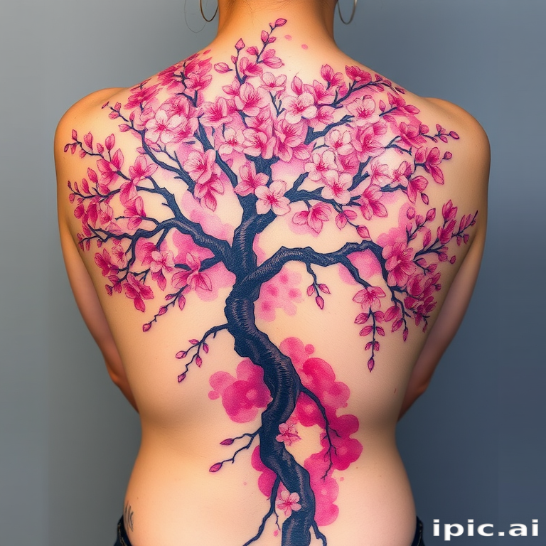 Vibrant watercolor tattoo adorning the entire back, featuring a sprawling cherry blossom tree with petals cascading down the spine, branches extending across shoulder blades in soft pink and purple hues