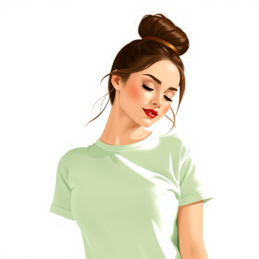 Create a digital illustration of a woman with a stylish bun wearing a light green cropped t-shirt, striking a carefree pose with closed eyes and red lips, using a Canon EOS R5, 50mm lens, aperture f/1.8, ISO 100, natural soft lighting, and a minimalist background.