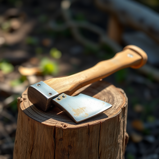 a pair of rustic axes resting on a wooden stump, natural lighting, high-resolution, shallow depth of field, 50mm lens, f/2.8, ISO 100, 1/200 sec, DSLR camera, close-up angle