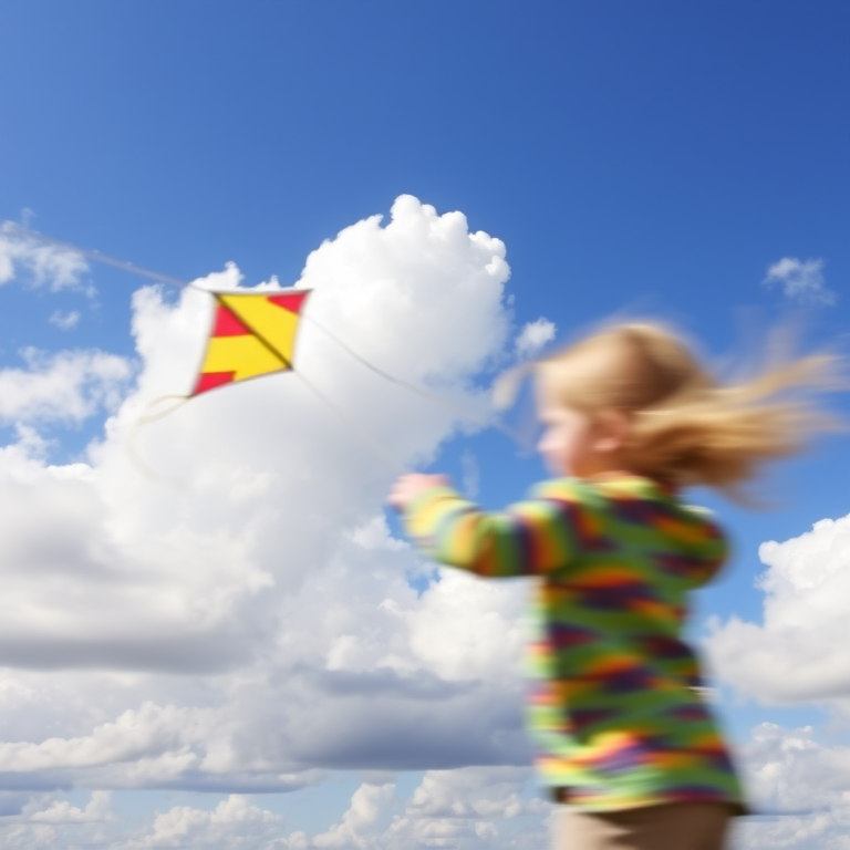 Blurry action shot of a child flying a kite on a windy day, with bright colors of the kite contrasting against a deep blue sky filled with fluffy white clouds.