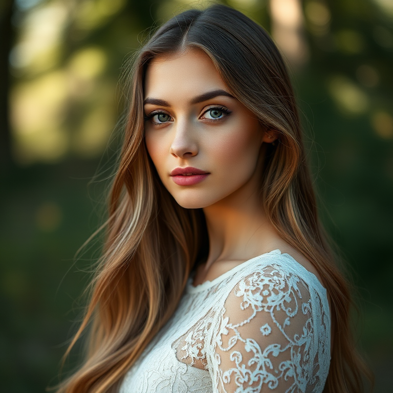 portrait of a woman with long hair, wearing a lace dress in a soft-focus natural background, shot with a Canon EOS R5, 85mm f/1.2 lens, ISO 100, aperture f/1.2, shutter speed 1/200s, natural light photography, shallow depth of field