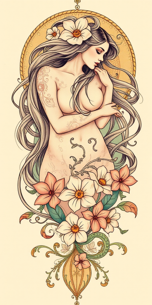 Elegant Art Nouveau tattoo named "Mucha's Muse" inspired by the flowing lines and natural motifs of the iconic art movement. Graceful female figures with long, flowing hair intertwine with delicate flowers and swirling patterns. A soft, muted color palette of pastels and gold accents enhances the romantic, dreamlike quality of the design.