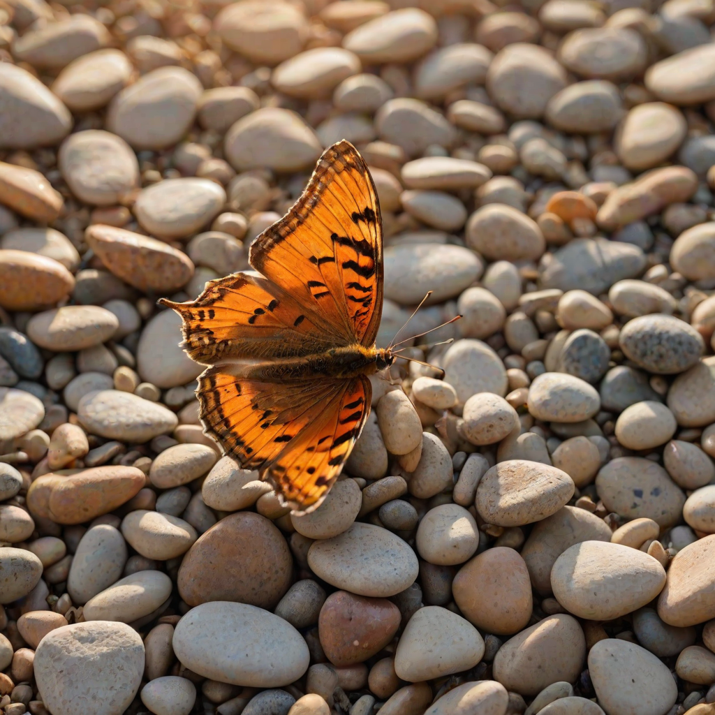 A vibrant orange and yellow butterfly with black markings is perched on a bed of small, brown pebbles in the warm, golden light of a setting sun. The butterfly is facing the viewer with its wings slightly raised, creating a sense of delicate movement. The background is a soft, blurred green and yellow, creating a gentle, natural atmosphere. The image is captured in a close-up perspective, focusing on the butterfly's intricate details and the warm glow of the sunlight.