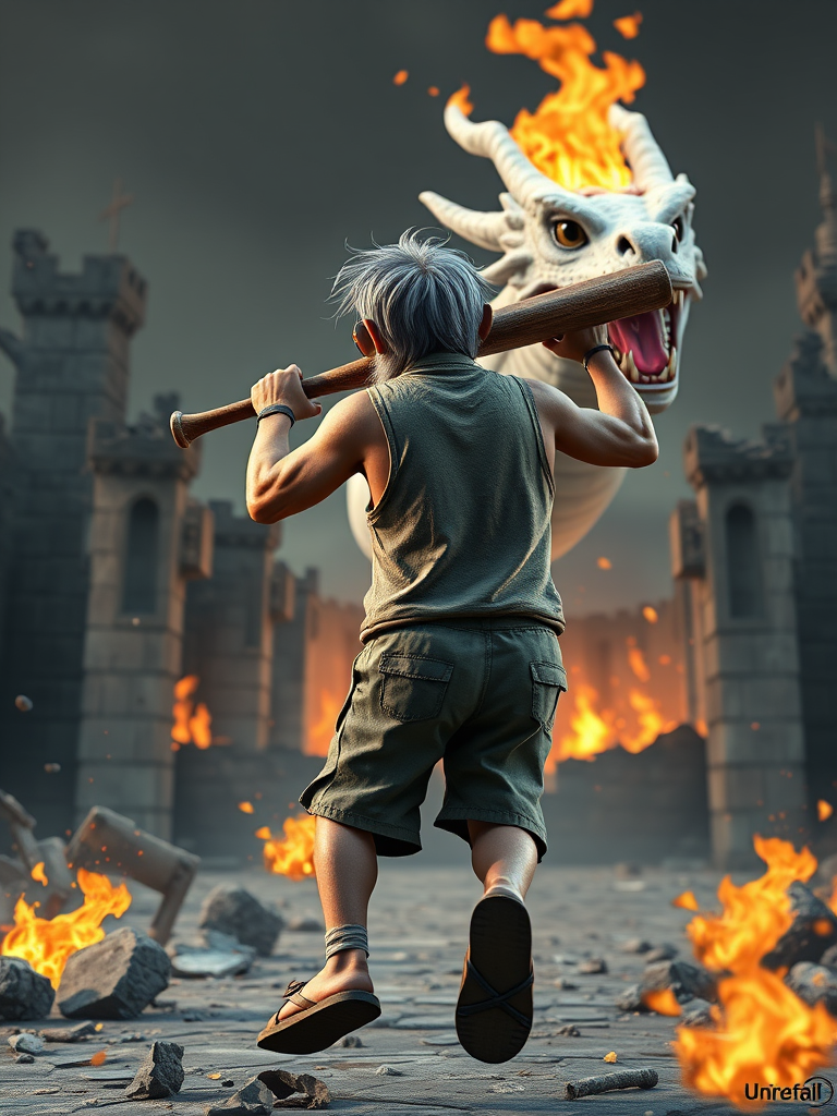 Cartoon 3D High-Resolution,dynamic battle scene using Unreal Engine 5 and Octane Render. The scene features back of an elderly, thai man with a beard,messy hair and round golden-rimmed glasses. He is wearing a tattered tank top with soot marks, shorts, and sandals. sweating. he wields a baseball bat. He jump to fight with a white fire-breathing Europe dragon amidst a partially destroyed stone castle. Include intense flames, smoke, and debris to enhance the dramatic effect.