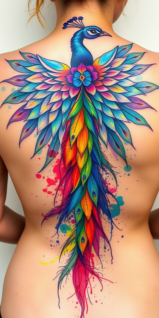 Vibrant watercolor tattoo named "Spectrum Splash" featuring a majestic peacock with iridescent feathers spreading across the upper back, its tail feathers transforming into a cascade of vibrant rainbow hues that flow down the spine, incorporating delicate brush strokes and paint splatters for a dynamic and artistic effect