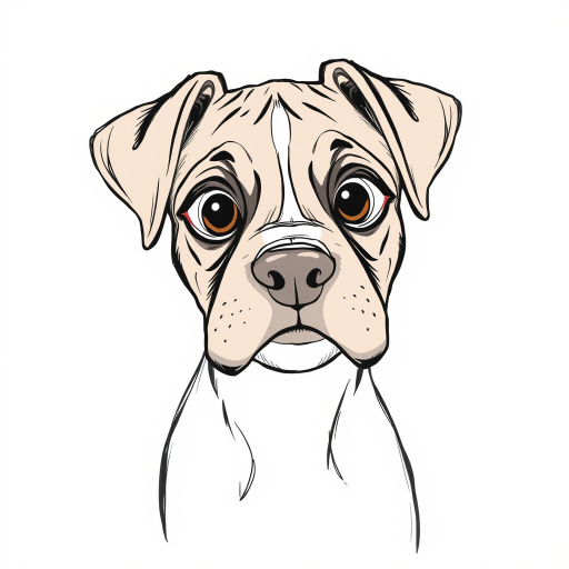 A doodle style pencil sketch illustration of a beautiful young Boxer dog, with large eyes and exaggerated facial features. White background