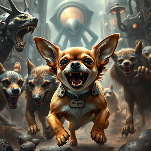 "Create a highly detailed and realistic image of a short-haired Chihuahua named Maya in an extremely fierce and enraged warrior pose. She is battling a pack of wolves and an alien creature, fighting for her life and the life of her owner. The Chihuahua should have a wild and aggressive appearance, with bared teeth and fierce eyes, showcasing her determination despite the overwhelming odds. She should have a distinct white patch on her chest, while the rest of her fur should be brown. A large tag with the name 'Maya' should be prominently displayed around her neck. The background should feature a sci-fi and steampunk style, filled with futuristic mechanical elements and Victorian technology, blending an urban landscape with fantastical details such as gears and steam."