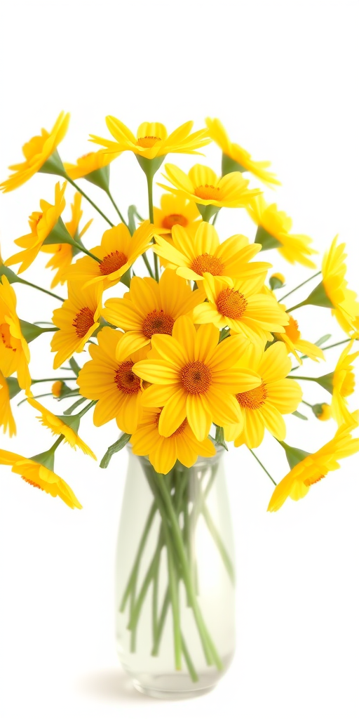 Create a vibrant illustration of a bouquet of yellow flowers in a simple vase with a soft focus effect, using a DSLR camera, f/2.8 aperture, ISO 100, and a 50mm lens to enhance depth of field and color saturation.