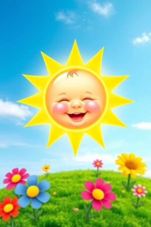 Create an image shows a bright, sun with a smiling baby's face in the center, radiating soft yellow rays. The sun is set against a clear blue sky with a few wispy clouds. Below, there's a lush green grassy hill with colorful, oversized flowers, giving the scene a whimsical, playful atmosphere.