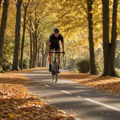 Blurry, fast-paced image of a cyclist racing down a tree-lined road, autumn leaves swirling in the air, soft sunlight filtering through the trees, shadows stretching across the pavement, focus on the determination in the cyclist's face as they speed by.