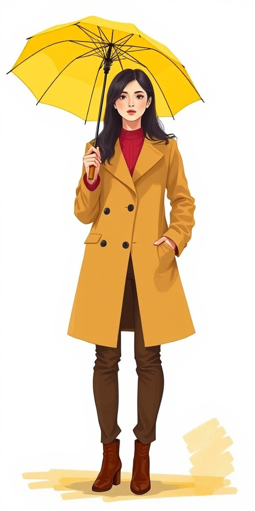 Create a vibrant illustration of a woman holding a yellow umbrella, dressed in a stylish coat and brown pants, standing in a minimalistic background, shot with a full-frame camera at f/2.8 aperture, ISO 100, 50mm lens, natural lighting to enhance colors and details.