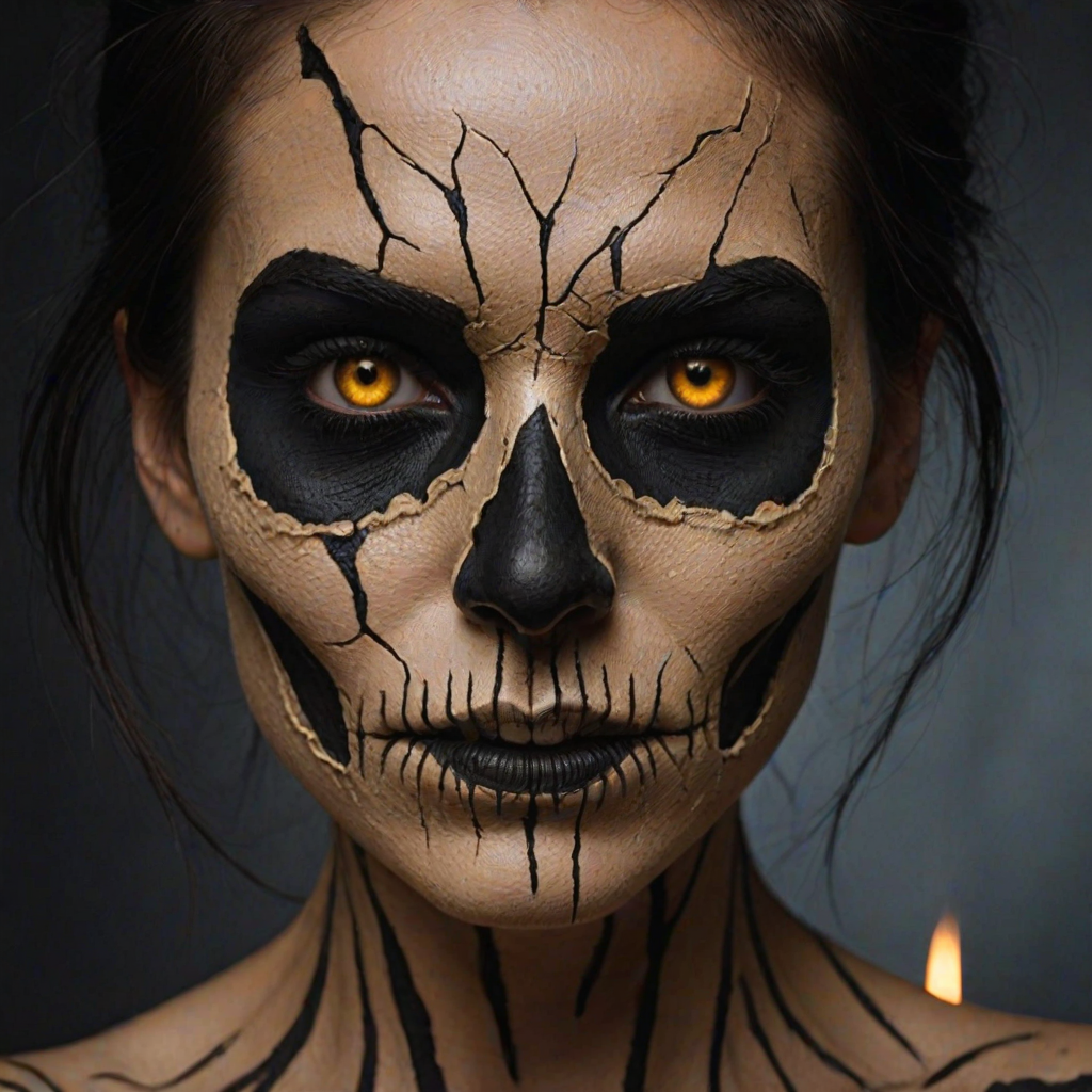 Create image featuring a close-up of a face painted like a skull. The skin is predominantly white with textured, cracked paint. The eye sockets are painted black, blending into the natural shadows of the eyes, creating a deep, hollow look. Bright, intense golden-yellow lights radiate from the eyes, casting a warm glow that contrasts with the cold, esoteric background. The nose is painted black in the shape of a spade. The mouth area features black lines extending from the corners, resembling a stitched effect. The face has sporadic black hair strands that frame it dramatically, adding to the eerie yet captivating feel. The background is blurred and dark, enhancing the focus on the face. Small, glowing orange embers are scattered sporadically across the image, contributing to the mysterious and magical atmosphere. The overall style is hyper-realistic with an emphasis on the contrast between light and dark elements, giving it an almost supernatural
