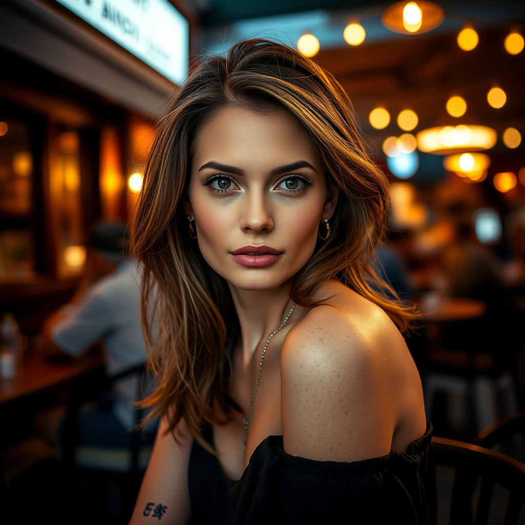 photo of young [woman:angelina jolie:0.4], highlight hair, sitting outside restaurant, wearing dress, rim lighting, studio lighting, looking at the camera, dslr, ultra quality, sharp focus, tack sharp, dof, film grain, Fujifilm XT3, crystal clear, 8K UHD, highly detailed glossy eyes, high detailed skin, skin pores