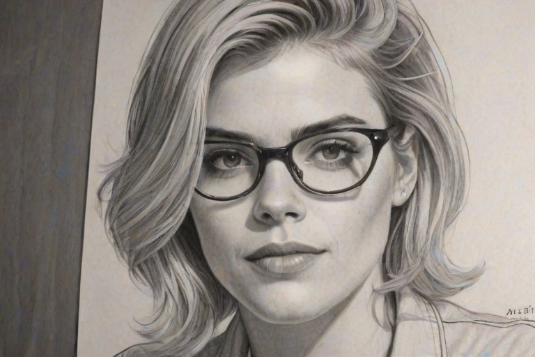 Captivating Rachael Taylor, pencil sketch, portrait of Resplendent woman 1972s in glasses, hair style beatnik, outline, clear lines, fine lines, 8k