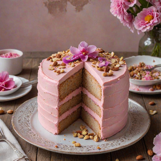 Generate an image of a beautifully sliced cake with a pink mousse layer on top. The cake is presented on a decorative plate, and the slice on the plate has a crumbly base with hints of nuts. The cake is garnished with edible flowers and has a rustic, elegant appearance. The background should be softly blurred to emphasize the cake.