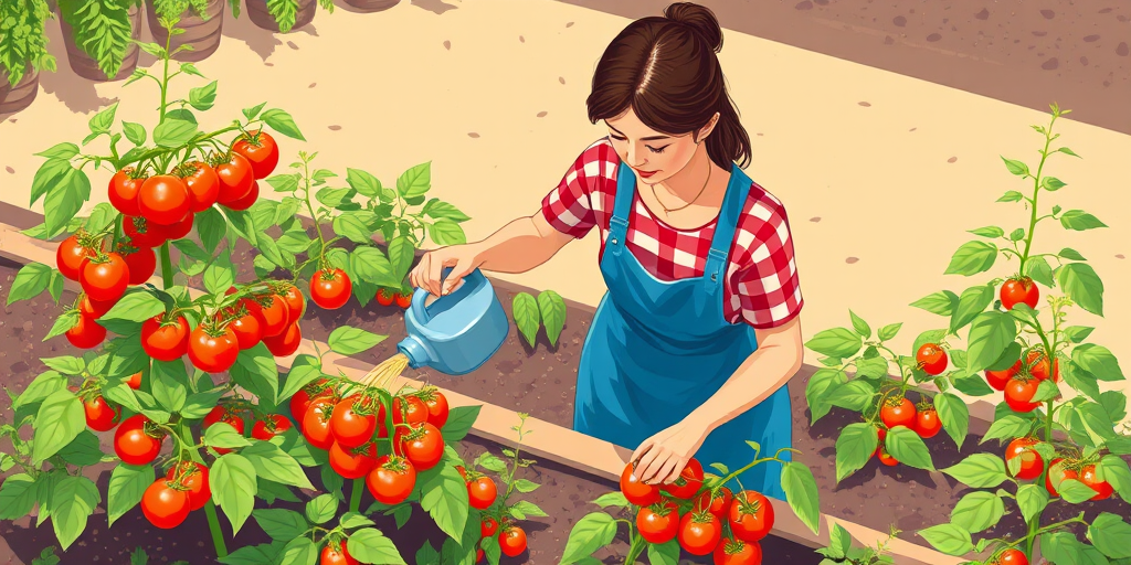 Create an illustration of a woman watering tomato plants in a garden, bright colors, vibrant and cheerful style, digital art, 50mm lens, f/2.8 aperture, 1/200 second shutter speed, soft natural lighting, top-down view.