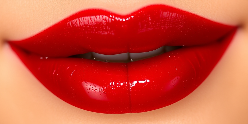 Vibrant Cherry Burst lips feature a glossy red hue with subtle gold shimmer, creating a bold and alluring look perfect for evening events and glamorous occasions.