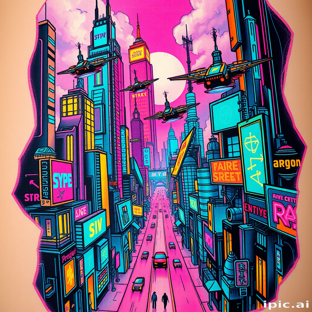 Cyberpunk cityscape tattoo depicting a futuristic metropolis with neon lights, holographic advertisements, and flying vehicles, rendered in a vibrant color palette with glowing effects
