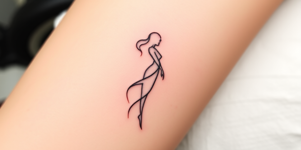 Minimalist line art tattoo entitled "Whispered Silhouette" depicting a graceful female figure in a single, continuous line that flows effortlessly across the skin, capturing the essence of femininity and movement with its simplicity and elegance, perfect for those who prefer subtle yet meaningful tattoos that can be easily concealed or displayed.