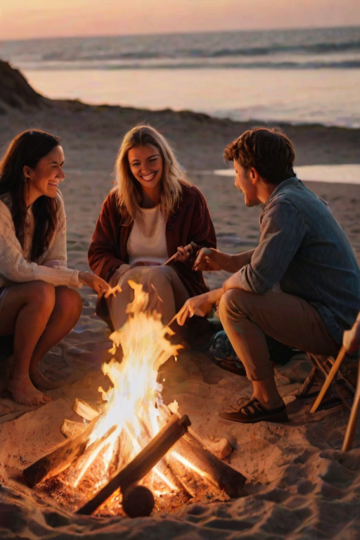 Warmly lit photo of a group of friends sitting around a bonfire on the beach at dusk, soft glow from the flames reflecting off their faces, distant waves crashing on the shore, the sound of laughter and guitar strumming filling the air.