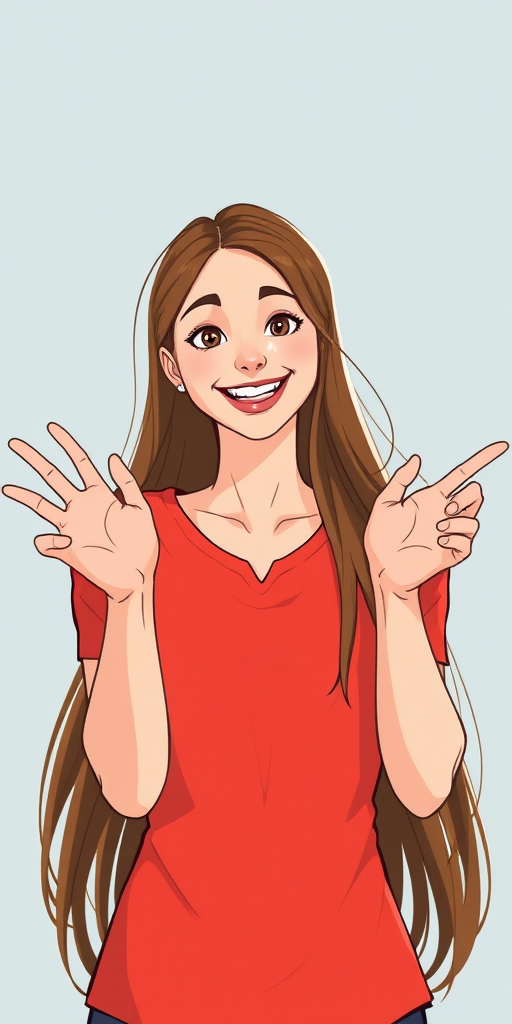 Create an illustration of a woman with long brown hair, wearing a red shirt, gesturing with both arms in a friendly manner, using a 50mm lens, f/1.8 aperture, natural lighting, and shot from an eye-level perspective to enhance image quality.