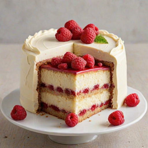 Generate an image of a slice of layered cake with a creamy texture. The cake should have distinct layers with a light color and a smooth frosting on top. Decorate the cake with fresh raspberries on the surface. Include a clean, simple background to emphasize the cake's details.